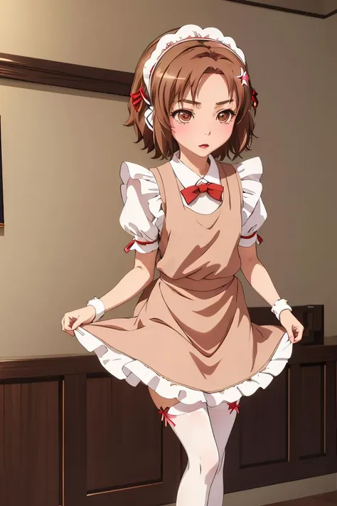 (masterpiece, best quality), 1girl,  <lora:yukimura kusunoki s2-lora-nochekaiser:1> yukimura kusunoki, short hair, brown hair, hair ornament, ribbon, (brown eyes:1.3), hair ribbon, star \(symbol\), star hair ornament, bow, pantyhose, apron, maid, maid headdress, white pantyhose,