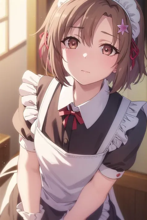 yukimurakusunoki, <lora:yukimura kusunoki s2-lora-nochekaiser:1>,
yukimura kusunoki, short hair, brown hair, hair ornament, ribbon, (brown eyes:1.3), hair ribbon, star \(symbol\), star hair ornament,
BREAK bow, pantyhose, apron, maid, maid headdress, white pantyhose,
BREAK indoors, classroom,
BREAK looking at viewer, (cowboy shot:1.5),
BREAK <lyco:GoodHands-beta2:1>, (masterpiece:1.2), best quality, high resolution, unity 8k wallpaper, (illustration:0.8), (beautiful detailed eyes:1.6), extremely detailed face, perfect lighting, extremely detailed CG, (perfect hands, perfect anatomy),