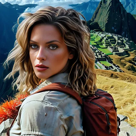 <lora:4sh13y_20XL-final:1.1>,cinematic film still of beautiful (4sh13y woman:1.1), as adventurer Lara Croft,rock climbing along a cliff on a mountain, with autumn outfit and hiking gear, with machu picchu in the distance,(medium close up:1.1),perfect hair,lipstick,cinematic scene,hero view,(dramatic action pose),8k wallpaper,detailed background,masterpiece,best quality,high quality,absurdres,vivid,shallow depth of field,vignette,highly detailed,high budget Hollywood movie,depth of field,rule of thirds,cinemascope,moody,epic,gorgeous,film grain,