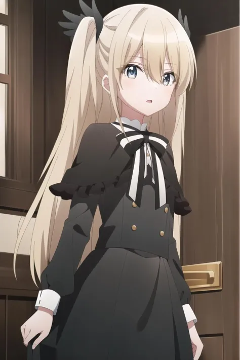 (masterpiece), (best quality), erna, 1girl, solo, looking at viewer, open mouth, skirt, long sleeves, dress, ribbon, hair between eyes, standing, hair ribbon, cowboy shot, frills, parted lips, black skirt, black dress, black ribbon, neck ribbon, capelet, buttons, frilled sleeves, white ribbon, high-waist skirt, arms at sides, black capelet
