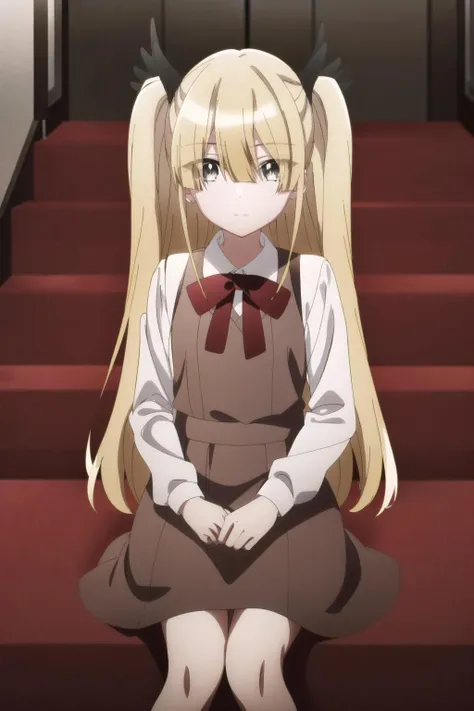 (masterpiece, best quality), anime coloring, anime_screencap, erna, 1girl, solo, looking at viewer, shirt, long sleeves, dress, bow, ribbon, twintails, closed mouth, standing, hair ribbon, white shirt, sleeveless, collared shirt, bowtie, red bow, two side up, black ribbon, sleeveless dress, feet out of frame, expressionless, eyes visible through hair, red bowtie, pinafore dress, brown dress