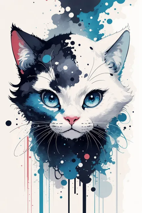 masterpiece, best quality, cat, large eyes, (cartoon), upper body, splashing, abstract, psychedelic, (neon:0.8), extremely detailed, (white background:1.3), ink,  (creative:1.3), intricate detail, (pretty face), dynamic lighting, natural lighting, (blue:1.3), photorealistic, sy3  <lora:Sy3:0.35>    <lora:ink-0.1-3-b28-bf16-D128-A1-1-ep64-768-DAdaptation-cosine:1>