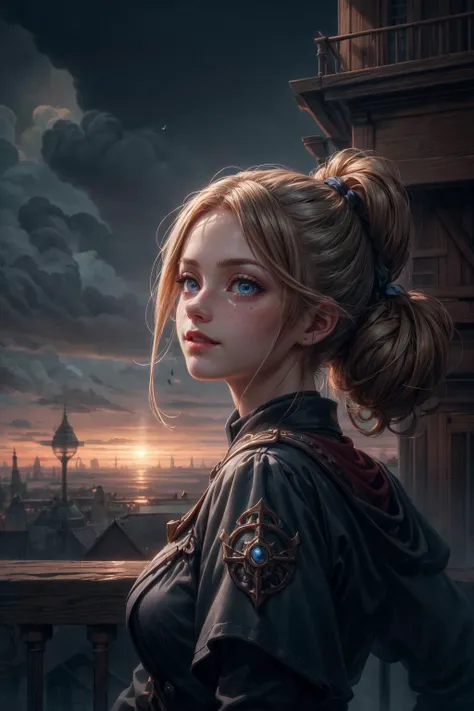 (extremely detailed:1.3), (masterpiece:1.3), illustration, Intricate illumination, Fine shadows, sharp focus, ((best quality)), <lora:more_details:1>, <lora:sharpen-soften:-0.5>, <lora:realistic:0.5>,
1 girl, adult (elven:0.7) woman, freckles, coral eyes, dark blonde medium hair,
(focus on character:1.1), portrait, solo, upper body, detailed background, detailed face, (<lora:WoodIronAIv2:0.6>, WoodIronAI theme:1.1), aristocratic pose, smiling, ruling class, elegant clothing, looking up at floating (cloud city:1.1), cloudtop sky-city, floating platforms, floating buildings, railing, propellers, clouds in background, birds in background, wind blowing, epic atmosphere, glowing black lights, dark night,