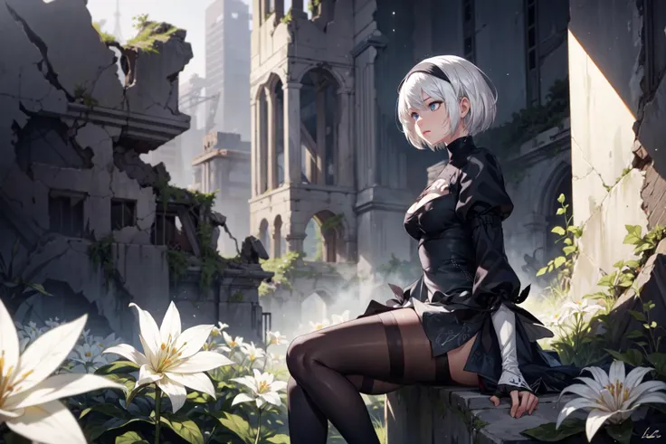 1girl,adult,adult face,2b,yorha2b,white hair,short hair,light blue eyes,balck clothing,black skirt,black pantyhose stockings,crouched,looking at flower,(white flower),(glowing flower),ruins,from side,good face,good eyes,masterpiece,extremely detailed CG unity 8k wallpaper, best quality,32k,focus sharp, <lora:2b_v10:1>, <lora:add_detail:0.8>