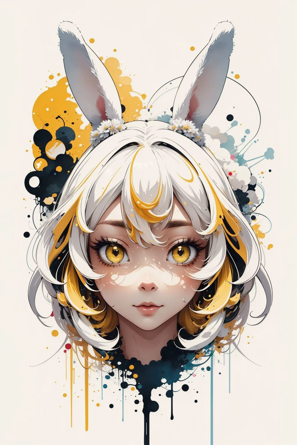 masterpiece, best quality, (rabbit) bunny, large eyes, (cartoon), splashing, abstract, psychedelic, (neon:0.8), extremely detailed, (white background:1.3), ink, (creative:1.3), intricate detail, (pretty face), dynamic lighting, natural lighting, (yellow:1.3), photorealistic, sy3 <lora:Sy3:0.4> <lora:ink-0.1-3-b28-bf16-D128-A1-1-ep64-768-DAdaptation-cosine:1>