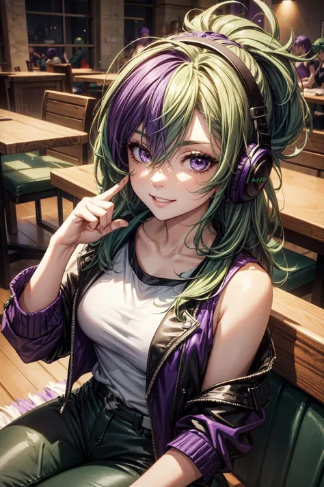 1girl,hair with two different colors,(two colors hair),(green hair and purple hair:1.5),(shoulder lenght hair),purple eyes,messy hair,green tshirt,open black leather jacket,black leather pants,sit,sit on chair,restaurant,crowd background,listen to music,headphones,smile,happy expression,half open eyes,small breast,(from above:1.2),(upper body),(good hands),(good finger),masterpiece,extremely detailed CG unity 8k wallpaper, best quality,32k,focus sharp, <lora:add_detail:1>