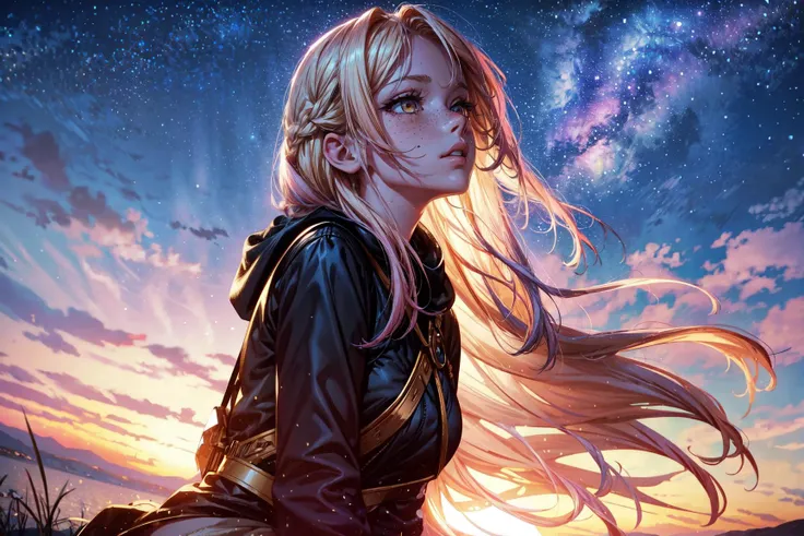 1girl,pink hair,(blonde),long hair,yellow eyes,beautiful face,beautiful lips,perfect lips,pink libs,(freckles),face,head,from side,looking at sky,stars,sit,crouched,night,Aurora borealis,outdoors,closeup,masterpiece,extremely detailed CG unity 8k wallpaper, best quality,32k,focus sharp, <lora:add_detail:1>, <lora:Light and Shadow:0.8>