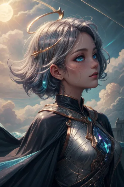 (extremely detailed:1.3), (masterpiece:1.3), illustration, Intricate illumination, Fine shadows,  sharp focus, ((best quality)), <lora:more_details:1>, <lora:sharpen-soften:-0.5>, <lora:realistic:0.5>,
<lora:GoodHands-beta2:0.8>,
from side, side view,
1 girl, adult  woman, freckles, teal eyes, silver shaggy hair, ombre, 
(style-swirlmagic:0.8), portrait, solo, upper body, looking up, detailed background, detailed face, (<lora:DecorationBundlev2:0.6> EbonyGoldAI theme:1.1), eyes alight with the power of the sun, solar-priest, sun-touched,  wearing gold trimmed red sorcerer clothes,   radiant expression, blazing crystal of the sun,  dynamic pose, radiant halo of solar light, , solar embrace, arcane solar runes,  rising sun in background,  clouds parting, ethereal atmosphere,