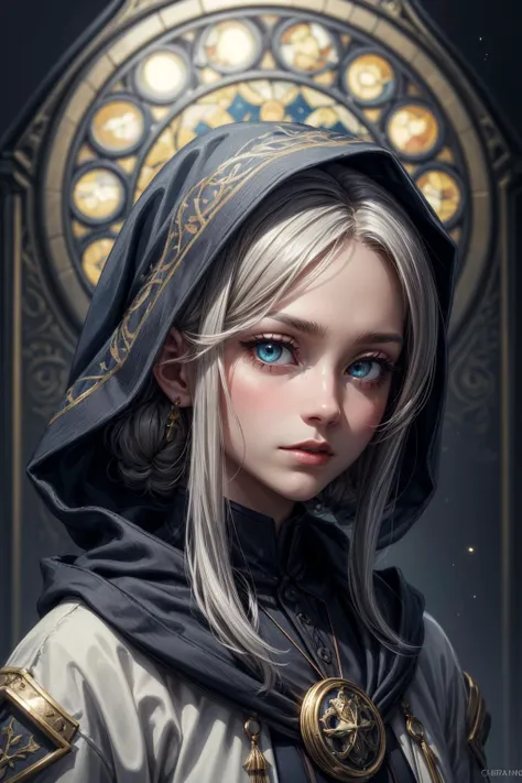 (extremely detailed:1.3), (masterpiece:1.3), illustration, Intricate illumination, Fine shadows, sharp focus, ((best quality)), <lora:more_details:1>, <lora:sharpen-soften:-0.25>, <lora:realistic:0.25>,
(1man, old swedish male:1.2), frail, aquamarine eyes, gray hair, taper fade,
(style-swirlmagic:0.8), focus on character, portrait, looking at viewer, solo, (full body:0.6), detailed background, detailed face, (high fantasy medieval theme:1.1) holy prophet, hooded, blue hexagonal symbols, circlet, giving blessing, symmetrical composition, temple, divine light, divine aura, religious icons, incense, (candelabra:0.8), stained glass, floating particles, filigree, chalice, majestic atmosphere, medieval high fantasy style, reflections, updraft,