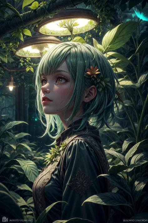(extremely detailed:1.3), (masterpiece:1.3), illustration, Intricate illumination, Fine shadows, sharp focus, ((best quality)), <lora:more_details:1>, <lora:sharpen-soften:-0.25>, <lora:realistic:0.25>,
1 girl, adult (elven:0.7) woman, red eyes, yellow short hair,
focus on character, portrait, solo, half shot, looking up, detailed background, detailed face, (<lora:BiophyllTech:0.6>, bio, bioluminescent, BiophyllTech theme:1.1), working, botanical scientist, planters, roots, mandrake, green color scheme, wild growth, mushrooms, science, botanical garden in background, low light, magical atmosphere,