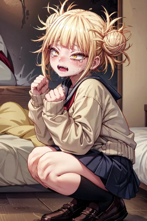 1girl,himiko toga,blonde,yellow eyes,fangs,shocked expression,shocked face,(teary),(crying),teary eyes, hands on cheeks,bedroom,night,dark,darkness,(child:1.4),young,crouched,from front side,masterpiece,extremely detailed CG unity 8k wallpaper, best quality,32k,focus sharp, <lora:TogaHimikoLoRA:1>, <lora:add_detail:1>, <lora:Light and Shadow:0.6>