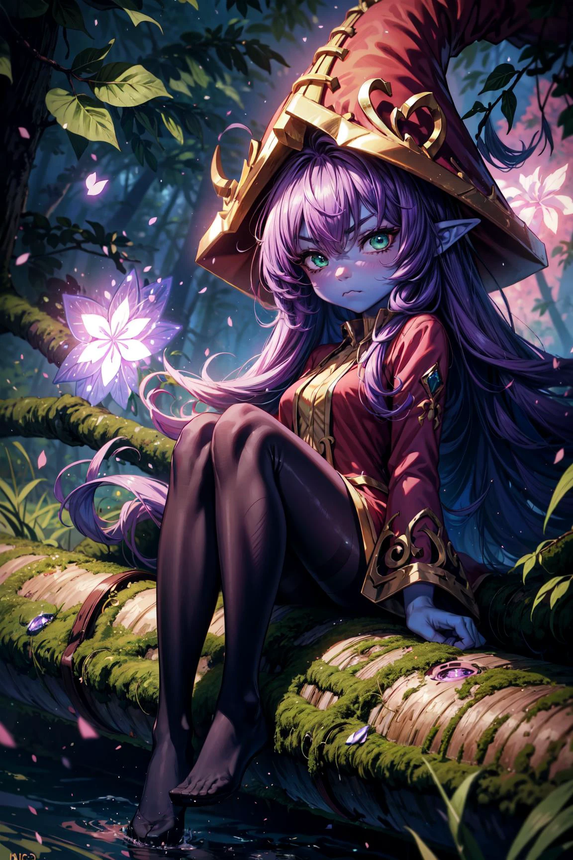 1girl,lulu \(league of legends\),,extremely small,colored skin,(purple skin:1.2),purple hair,long hair,(green eyes1.2),hat,red dress,pantyhose,(pouting expression:1.3),(Inflated cheeks),angry eyes,looking at viewer,facing viewer,sit,sit on a log,forest,colorful forest,fairys around,pink particles around,masterpiece,extremely detailed CG unity 8k wallpaper, best quality,32k,focus sharp,<lora:lulu-000032:1>, <lora:add_detail:0.8>, <lora:Light and Shadow:0.5>
