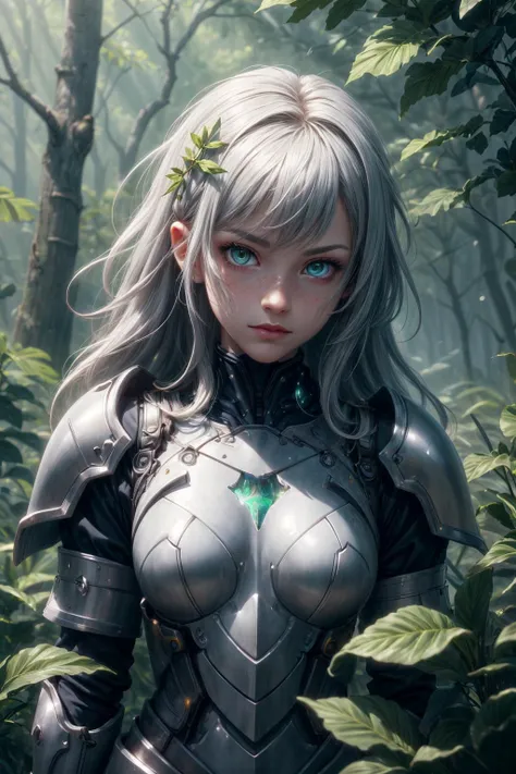 (extremely detailed:1.3), (masterpiece:1.3), illustration, Intricate illumination, Fine shadows, sharp focus, ((best quality)), <lora:more_details:1>, <lora:sharpen-soften:-0.5>, <lora:realistic:0.5>,
<lora:GoodHands-beta2:0.8>,
1 girl, adult french woman, freckles, green eyes, white razor cut hair, ombre,
Style-GravityMagic, portrait, solo, upper body, looking at viewer, detailed background, detailed face, (<lora:BlessedTech:0.6>, blessed, medieval, blessedtech theme:1.1) flower-guardian, organic armor, union of plants with metal, walking, serene, nature powers, glowing magical tattoos, glowing mystical runes etched in armor, enigmatic aura, plant overgrowth,particle effects, abandoned forest hut left to nature in background, birds, twilight, ethereal atmosphere,