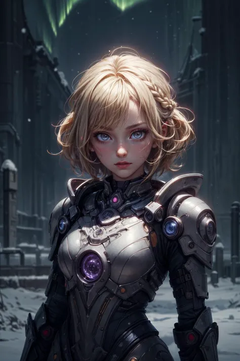 (extremely detailed:1.3), (masterpiece:1.3), illustration, Intricate illumination, Fine shadows, sharp focus, ((best quality)), <lora:more_details:1>, <lora:sharpen-soften:-0.25>, <lora:realistic:0.25>,
1 girl, adult (elven:0.7) woman, hazel eyes, natural blonde braided hairstyle,
portrait, solo, upper body, detailed background, detailed face, (<lora:GlyphTech:0.5>, glyphs, scifi, glyphtech theme:1.1), purple northern warrior, (glowing eyes:1.05), dynamic pose, snow crystals, cold, windy background, northern lights in background cinematic atmosphere,
<lora:adventurers_v1:0.4>,
