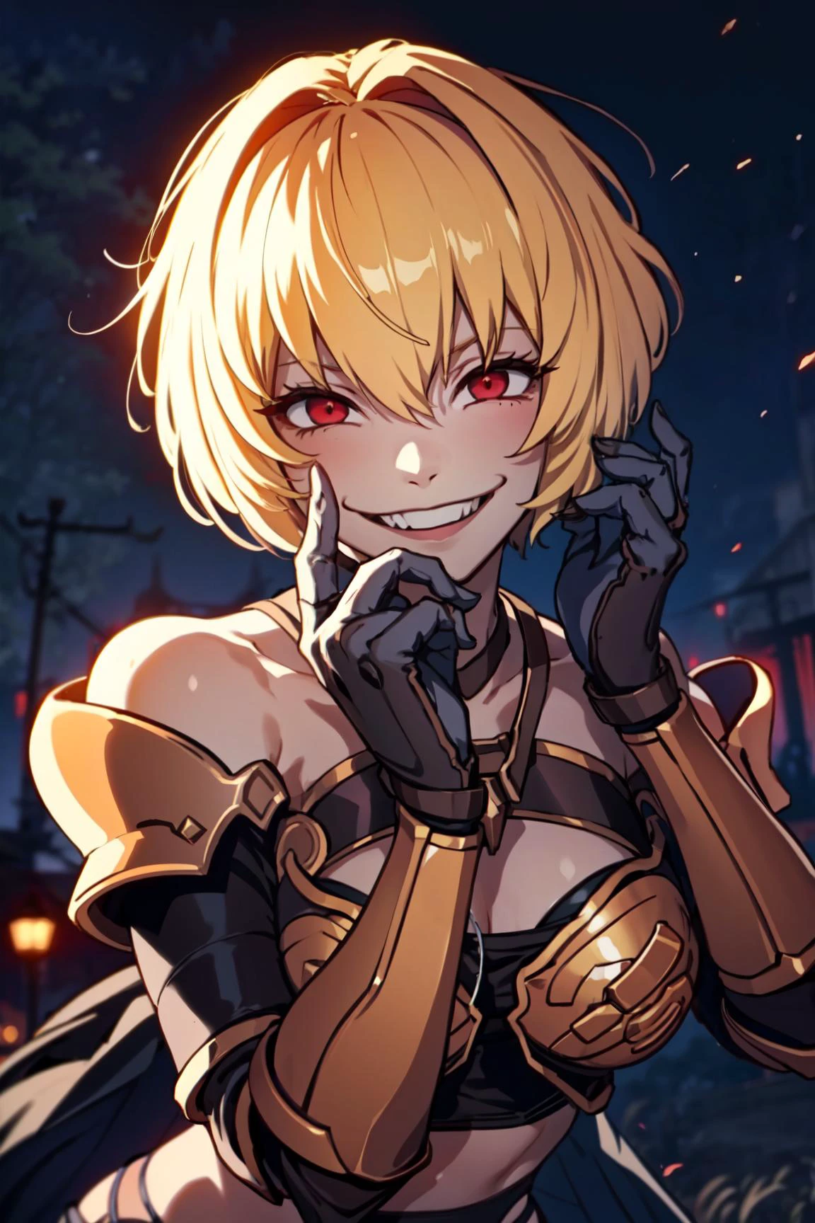 1girl,clementine \(overlord\),armor,garter belt,gauntlets,blonde hair,short hair,red eyes, glowing eyes,smile,psycho smile,mouth open,psycho face,empty eyes,crazy eyes,crazy smile,yandere,upper body,close up,(nighttime, night, dim lighting, dark atmosphere),good hand,good finger,masterpiece,extremely detailed CG unity 8k wallpaper, best quality,32k,focus sharp <lora:ol_clementine-10:0.8>, <lora:yameroyandere-v2:1>