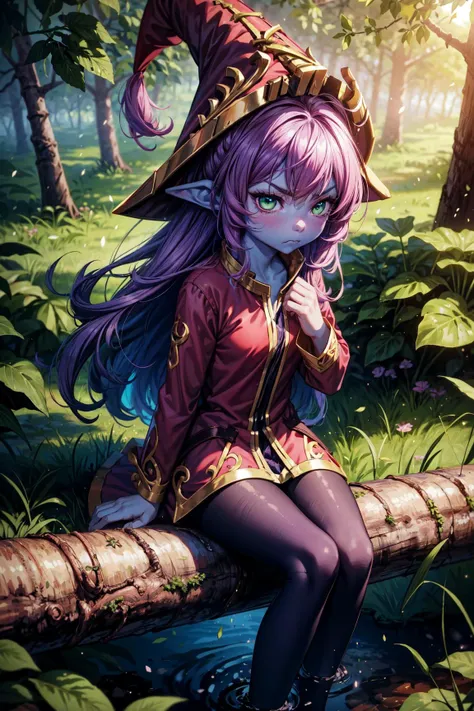 1girl,lulu \(league of legends\),child,extremely small,colored skin,(purple skin:1.2),purple hair,long hair,(green eyes1.2),hat,red dress,pantyhose,(pouting expression:1.3),(Inflated cheeks),angry eyes,looking at viewer,facing viewer,sit,sit on a log,forest,colorful forest,fairys around,pink particles around,masterpiece,extremely detailed CG unity 8k wallpaper, best quality,32k,focus sharp,<lora:lulu-000032:1>, <lora:add_detail:0.8>, <lora:Light and Shadow:0.5>