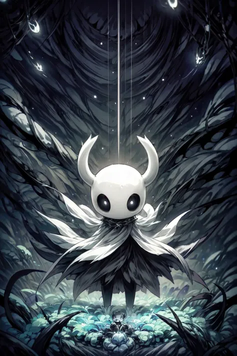 1boy,hollow knight,bug,white horns,black coat,thorns,black energy,dark particles,angry,power,aura,floating,masterpiece,extremely detailed CG unity 8k wallpaper, best quality,32k,focus sharp,  <lora:空洞骑士V1128:1>, <lora:add_detail:1>