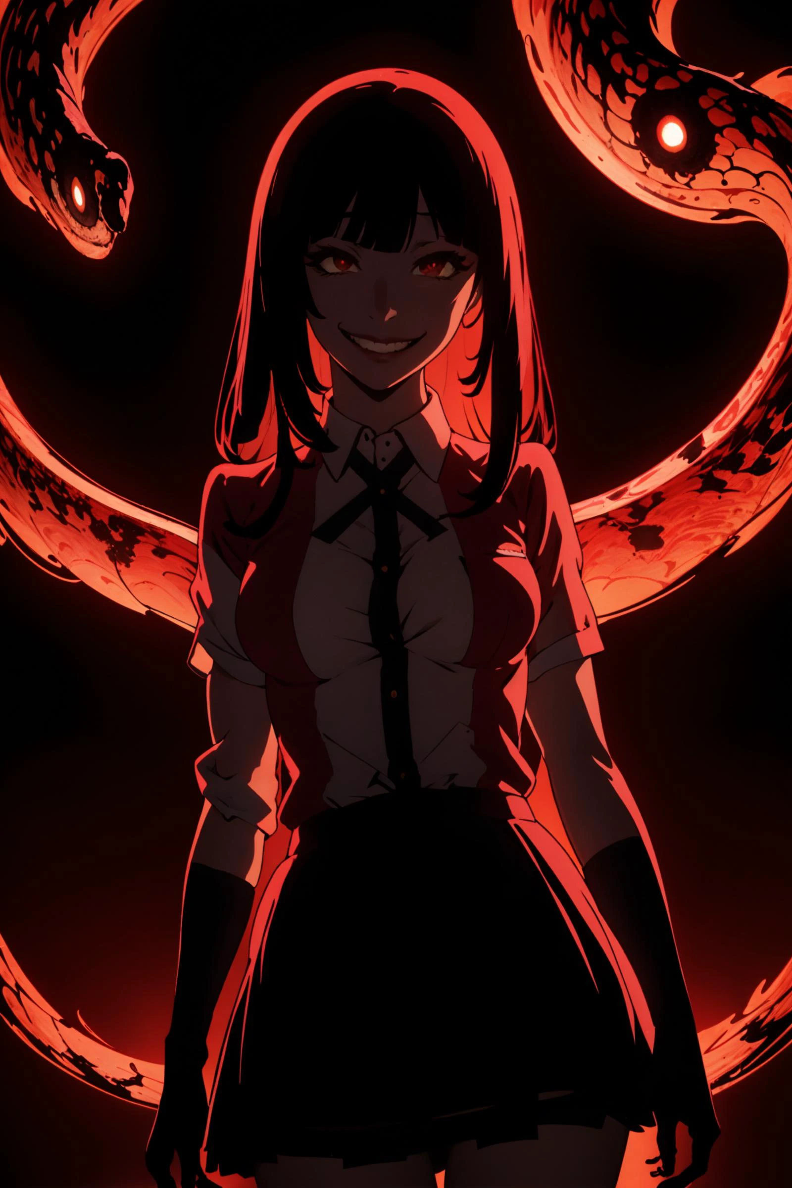 yumeko jabami,masterpiece,best quality,8k,insane details,intricate details,hyperdetailed,hyper quality,high detail,ultra detailed,Masterpiece,
snake pattern,glow,
<lora:YumekoV2:0.8> ,yumeko jabami,1girl,black hair,long hair,red eyes,lipstick,smug,crazy_smile,blunt bangs,collared shirt,eye focus,head out of frame,hime cut,holding card,long hair,looking at viewer,red eyes,school uniform,shirt,skirt,white shirt,solo,
(silhouette:1.3),curvy,<lora:绪å¿-åªå½± curvy>,
<lora:yameroyandere-v2:1>,