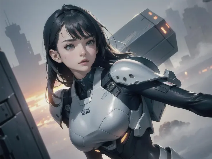 outdoor, ((upper body)), ((( wearing gray and black nano-suits)))+++, (wide hip:0.7, large breasts:0.8, perfect slender young girl body) ,Perfectly glossy skin ,25 yo mature girl, , picture of a vivid, (masterpiece:1.2),(extremely detailed),(8k:1.1),(perfect lighting,best quality,highres,original),(realistic photography:1.4) ,high detailed skin,shaded face, soft lighting, (small face),RAW, ultra highres, pores visible, , shiny_and_glossy_skin, asian beauty, (gorgeous beautiful 20 years old asian girl), ((best detailed slender body)), (asian idol, asian beauty, asian mixed), (complex, Machine background ,spaceship outdoors background, Mecha Transport parts:1.2), (dark and foggy environment:1.1), ((heavy fog environment:1.1)), (battlefield behind:1.2), <lora:JapaneseDollLikeness_v15:0.3>