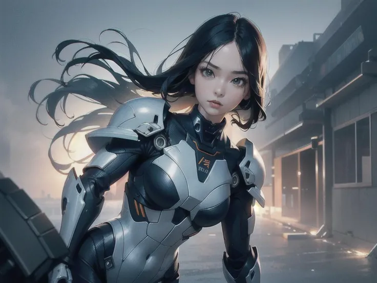 outdoor, ((upper body)), ((( wearing gray and black nano-suits)))+++, (wide hip:0.7, large breasts:0.8, perfect slender young girl body) ,Perfectly glossy skin ,25 yo mature girl, , picture of a vivid, (masterpiece:1.2),(extremely detailed),(8k:1.1),(perfect lighting,best quality,highres,original),(realistic photography:1.4) ,high detailed skin,shaded face, soft lighting, (small face),RAW, ultra highres, pores visible, , shiny_and_glossy_skin, asian beauty, (gorgeous beautiful 20 years old asian girl), ((best detailed slender body)), (asian idol, asian beauty, asian mixed), (complex, Machine background ,spaceship outdoors background, Mecha Transport parts:1.2), (dark and foggy environment:1.1), ((heavy fog environment:1.1)), (battlefield behind:1.2), <lora:JapaneseDollLikeness_v15:0.3>