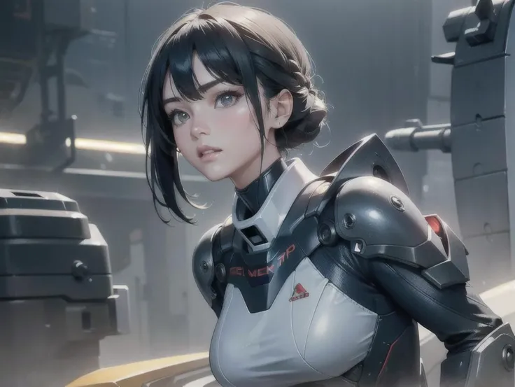 outdoor, ((upper body)), ((( wearing gray and black nano-suits)))+++, (wide hip:0.7, large breasts:0.8, perfect slender young girl body) ,Perfectly glossy skin ,25 yo mature girl, , picture of a vivid, (masterpiece:1.2),(extremely detailed),(8k:1.1),(perfect lighting,best quality,highres,original),(realistic photography:1.4) ,high detailed skin,shaded face, soft lighting, (small face),RAW, ultra highres, pores visible, , shiny_and_glossy_skin, asian beauty, (gorgeous beautiful 20 years old asian girl), ((best detailed slender body)), (asian idol, asian beauty, asian mixed),   (complex, Machine background ,spaceship outdoors background, Mecha Transport parts:1.2), (dark and foggy environment:1.1), ((heavy fog environment:1.1)), (battlefield behind:1.2), <lora:JapaneseDollLikeness_v15:0.3>