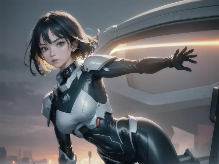outdoor, ((upper body)), ((( wearing gray and black nano-suits)))+++, (wide hip:0.7, large breasts:0.8, perfect slender young girl body) ,Perfectly glossy skin ,25 yo mature girl, , picture of a vivid, (masterpiece:1.2),(extremely detailed),(8k:1.1),(perfect lighting,best quality,highres,original),(realistic photography:1.4) ,high detailed skin,shaded face, soft lighting, (small face),RAW, ultra highres, pores visible, , shiny_and_glossy_skin, asian beauty, (gorgeous beautiful 20 years old asian girl), ((best detailed slender body)), (asian idol, asian beauty, asian mixed), (complex, Machine background ,spaceship outdoors background, Mecha Transport parts:1.2), (dark and foggy environment:1.1), ((heavy fog environment:1.1)), (battlefield behind:1.2), <lora:JapaneseDollLikeness_v15:0.3>