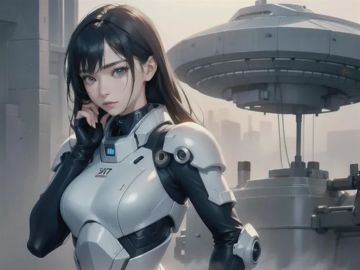 outdoor, ((upper body)), ((( wearing gray and black nano-suits)))+++, (wide hip:0.7, large breasts:0.8, perfect slender young girl body) ,Perfectly glossy skin ,25 yo mature girl, , picture of a vivid, (masterpiece:1.2),(extremely detailed),(8k:1.1),(perfect lighting,best quality,highres,original),(realistic photography:1.4) ,high detailed skin,shaded face, soft lighting, (small face),RAW, ultra highres, pores visible, , shiny_and_glossy_skin, asian beauty, (gorgeous beautiful 20 years old asian girl), ((best detailed slender body)), (asian idol, asian beauty, asian mixed), (complex, Machine background ,spaceship outdoors background, Mecha Transport parts:1.2), (dark and foggy environment:1.1), ((heavy fog environment:1.1)), (battlefield behind:1.2), <lora:JapaneseDollLikeness_v15:0.3>