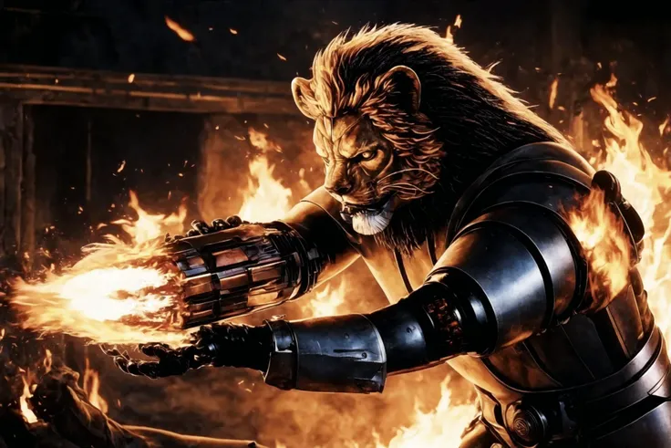<lora:flat2:-1>, lion, <lyco:locon_flmngprsn_v1_from_v1_64_32:1.0>, flmngprsn, flmngprsn burning, flmngprsn immolation, flmngprsn flames, <lora:Arm_cannon-10:0.8>, arm cannon
