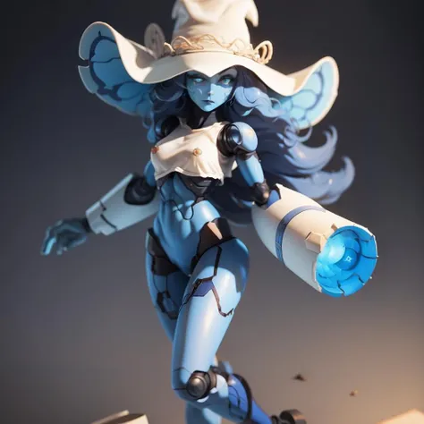 1 girl with arm cannon <lora:Arm_cannon-10:0.9> <lora:Ranni:0.85> Ranni, wavy hair, blue skin, cracked skin, extra arms, joints, doll joints, white hat, 4 hands, 4 cannons