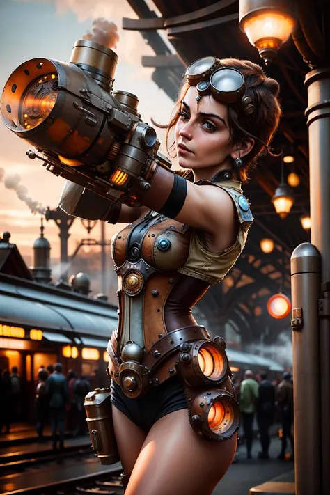 <lora:Arm_cannon-10:0.9> 1girl with ((arm cannon)), <lora:steampunkai10MBLora_10mb:0.6> steampunkai, , train station, steam punk train,