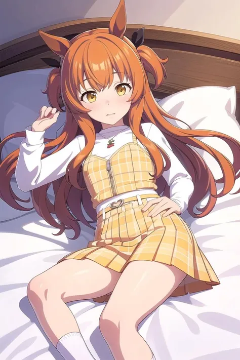 alena、Detailed Description、high resolution、One Girl、Small face、Thin legs、Small waist、Orange Hair、long hair、The ends of the hair are curled、(blush)、Troubled face、Screaming、((The yellow dress is torn))、((The yellow skirt is torn))、Black tights are torn、Nipples are visible、White panties、((handcuffs))、Lying down、bed、arms up