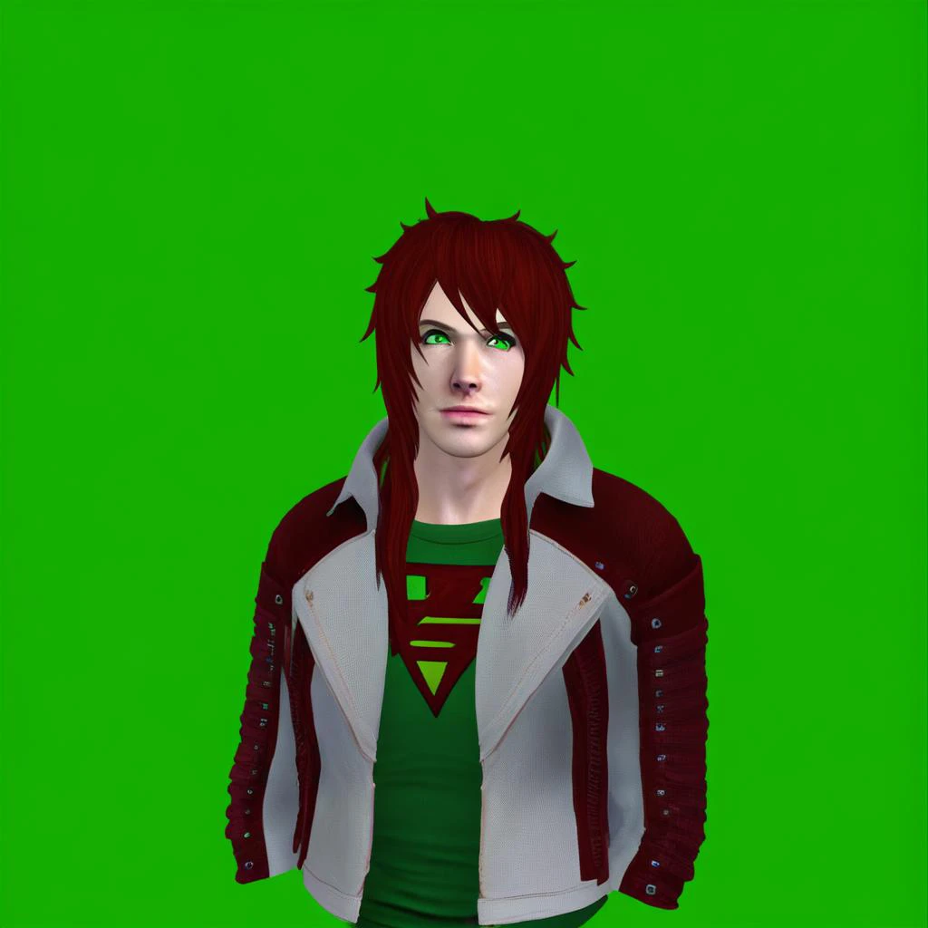 rpskxzt, solo, red hair, green background, 1boy, simple background, realistic, upper body, jacket, long hair, green eyes