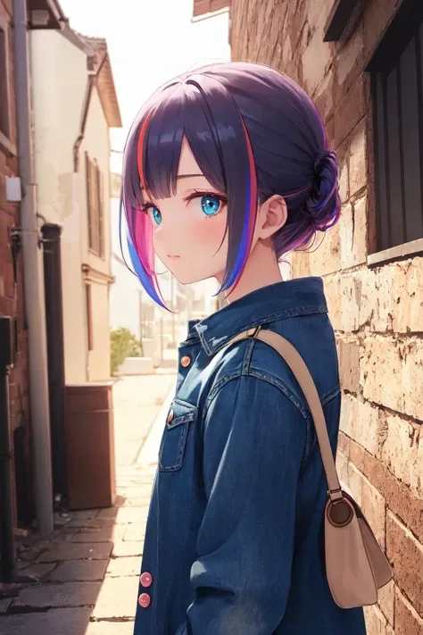 (masterpiece, top quality, best quality, official art, beautiful and aesthetic:1.2,ray tracing1.4), (1girl:1.3), rainbow hair,Denim button-down shirt dress with patch pockets,low view,alley