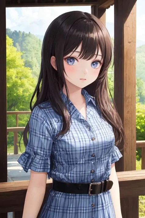(masterpiece, top quality, best quality, official art, beautiful and aesthetic:1.2,ray tracing1.4), (1girl:1.3), multi-tied hair,Gingham checkered shirtdress with belt,upper body,wooden bridge