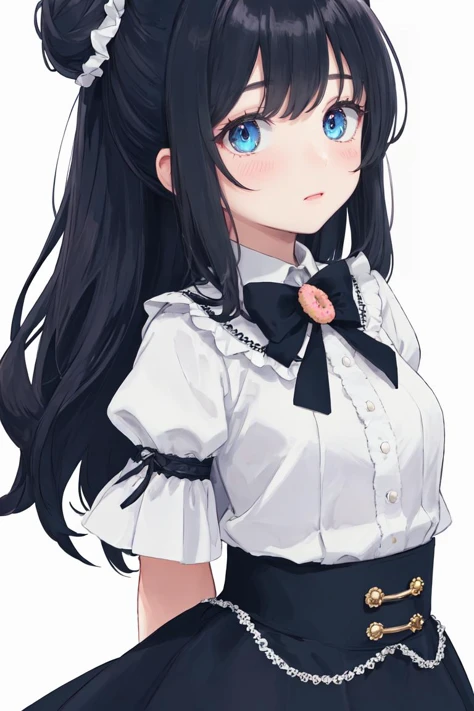 masterpiece, best quality, detailed, 1girl, close up,doughnut hair bun, blue eyes, brooch, laces, frilled sleeves, dress, village, arms behind back,muted color