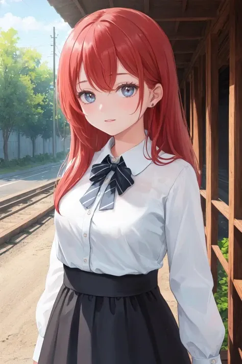 (masterpiece, top quality, best quality, official art, beautiful and aesthetic:1.2,ray tracing1.4), (1girl:1.3), red hair,Striped linen shirt dress with waist tie,upper body,wooden bridge