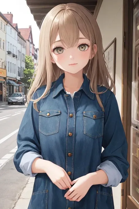 (masterpiece, top quality, best quality, official art, beautiful and aesthetic:1.2,ray tracing1.4), (1girl:1.3), light brown hair,Denim button-down shirt dress with patch pockets,upper body,town