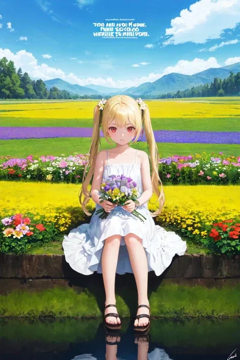 best quality, masterpiece, illustration, (reflection light), incredibly absurdres, (( Poster), (signature:1.3), (English text), 1girl, girl middle of flower, pure sky,yellow hair, red eyes, twintails,clear sky, outside, collarbone, sitting, absurdly long hair, clear boundaries of the cloth, white dress, fantastic scenery, ground of flowers, thousand of flowers, colorful flowers, flowers around her, various flowers,bare shoulders,skirt, sandals,