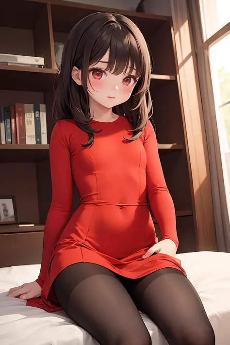 (masterpiece, best quality), 1girl, red dress, pantyhose, cute face, blush,