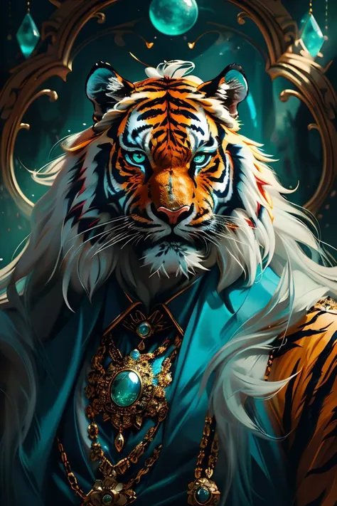 masterpiece, high quality, Gangster character tiger, long hair, in style of moonstones and aquamarines, <lora:J_gemstone:0.8> j_gemstone