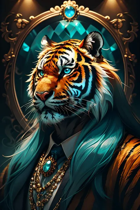 masterpiece, high quality, Gangster character tiger, long hair, in style of moonstones and aquamarines, <lora:J_gemstone:0.7> j_gemstone