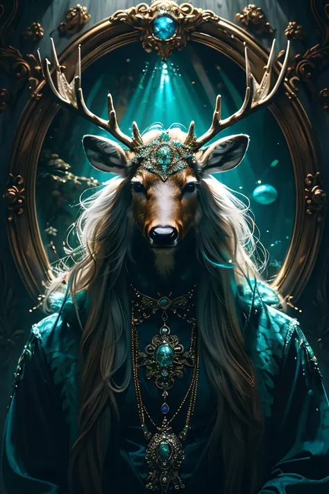 masterpiece, high quality, Gangster character deer, long hair, in style of moonstones and aquamarines, <lora:J_gemstone:0.8> j_gemstone