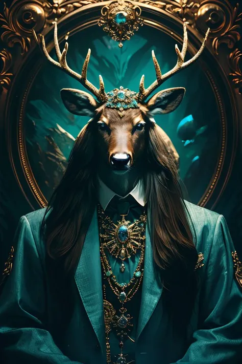 masterpiece, high quality, Gangster character deer, long hair, in style of moonstones and aquamarines, <lora:J_gemstone:0.8> j_gemstone