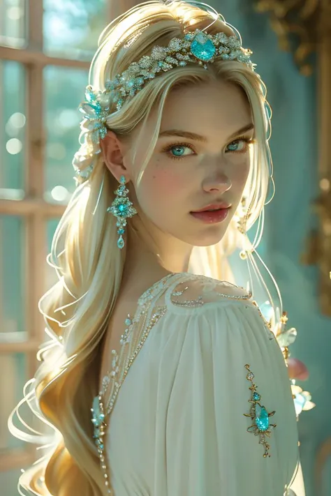 masterpiece, high quality, a beautiful girl, blond long hair,white dress, in style of aquamarine and diamond <lora:J_gemstone:0.8> j_gemstone