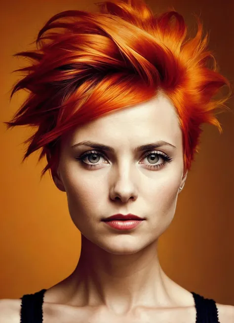 portrait of sks woman by Flora Borsi, style by Flora Borsi, bold, bright colours, orange Mohawk haircut, ((Flora Borsi)), <lora:locon_emmastone_v1_from_v1_64_32:1.4>