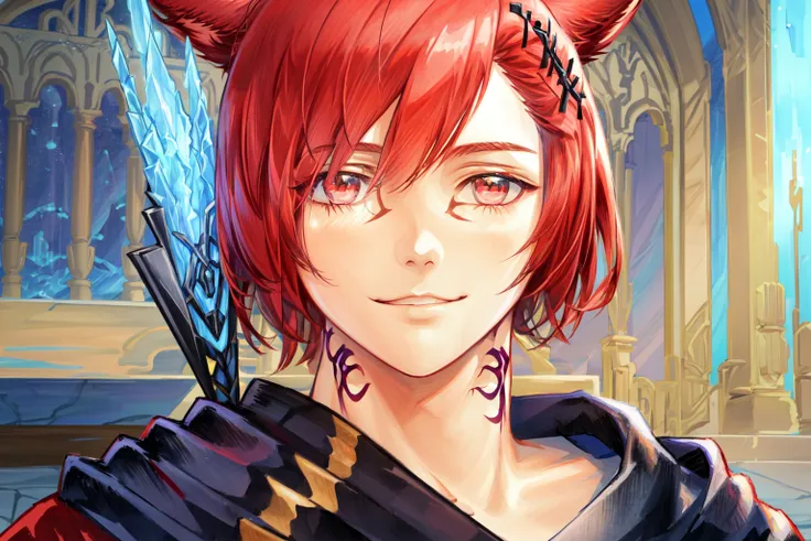 <lora:Graha_Tia-10:1> Graha Tia, (masterpiece, best quality, ultra-detailed, highres, best illustration),perfect face, ((solo, solo focus)),sidelighting, lustrous skin,(bloom), (shine), ray tracing,solo, 1boy, animal ears, male focus, neck tattoo, red eyes, red hair, cat ears, hair ornament, short hair, miqo'te, portrait, tattoo, x hair ornament, bangs,  smile, slit pupils, facial mark, swept bangs, looking at viewer, blurry, closed mouth,depth_of_field,very detailed background,extreme light and shadow,(detailed eyes), (beautiful) beautiful detailed eyes, perfect lighting , perfect anatomy,(extremely detailed illustrated 8k wallpaper),(masterpiece), (best quality), (ultra-detailed), (best illustration),(best shadow),perfect lighting , full body,  perfect anatomy , vivid colors,