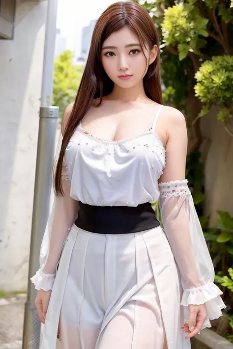 (skin blemish:1.2), (skindentation), black eye, 1woman, 25yo, (((woman))), solo, realistic, best quality, photorealistic, masterpiece, 8k, high res, solo, extremely detailed face, (professional lighting, bokeh), (light particles, lens flare, glowing particles:0.6), (dynamic pose:1.2), soft lighting, top angle view, fashionable and trendy atmosphere, japan, street, tokyo, city, ((daytime)), sky, ((looking at the viewer:1)), (looking at the camera),(portrait:0.6), cowboy shot, gorgeous, standing, keep original facial proportion, wide shoulder, full body, (large breast), (medium hair), brown hair, floating hair, lips, lipstick, seductive smile, floating hair, smile, open_mouth, teeth, (sleeves less white blouse), (jumper skirt), eyelashes, mole, (mole under eye:1), <lora:ShitaraU:0.8>
