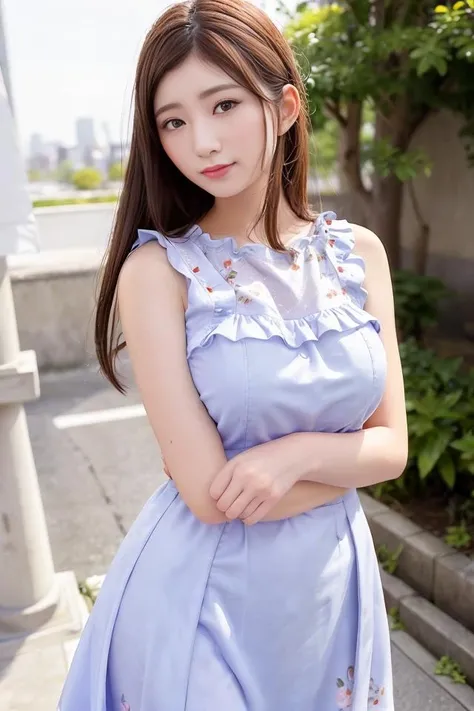 (skin blemish:1.2), (skindentation), black eye, 1woman, 25yo, (((woman))), solo, realistic, best quality, photorealistic, masterpiece, 8k, high res, solo, extremely detailed face, (professional lighting, bokeh), (light particles, lens flare, glowing particles:0.6), (dynamic pose:1.2), soft lighting, top angle view, fashionable and trendy atmosphere, japan, street, tokyo, city, ((daytime)), sky, ((looking at the viewer:1)), (looking at the camera),(portrait:0.6), cowboy shot, gorgeous, standing, keep original facial proportion, wide shoulder, full body, (large breast), (medium hair), brown hair, floating hair, lips, lipstick, seductive smile, floating hair, smile, open_mouth, teeth, (floral print one piece dress with short sleeve:1), summer dress, blouse, eyelashes, mole, (mole under eye:1), <lora:ShitaraU:0.8>