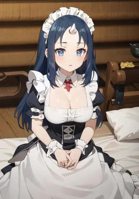 masterpiece, best quality, 1 girl, large breasts, bed, <lora:annIsekaiNonbiri_v10:1>, ann, maid, blue hair, straight hair, long hair, blue eyes, single horn, cleavage, maid headdress, long skirt, enmaided, frilled apron, wrist cuffs, short sleeves, detached collar, puffy sleeves,