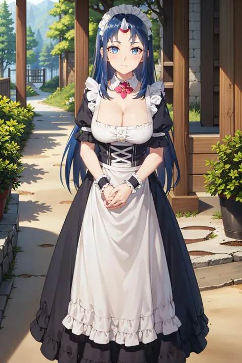 best quality, masterpiece, highly detailed,
<lora:chara_IsekaiNonbiriNouka_Ann_v2:0.8>, ann,
closed mouth,
blue hair, long hair, blue eyes, large breasts, single horn,
dress, maid, cleavage, maid headdress, wrist cuffs, apron, short sleeves, detached collar,
standing, looking at the viewer,
outdoors, forest, tree, grass, house